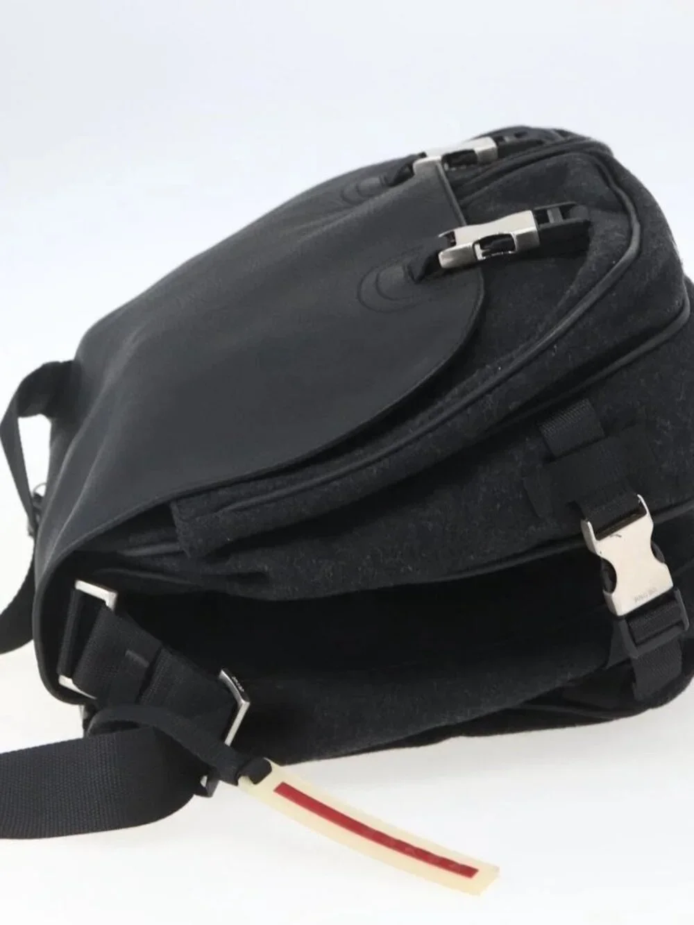 PRADA Shoulder Bag Wool Leather Black Silver